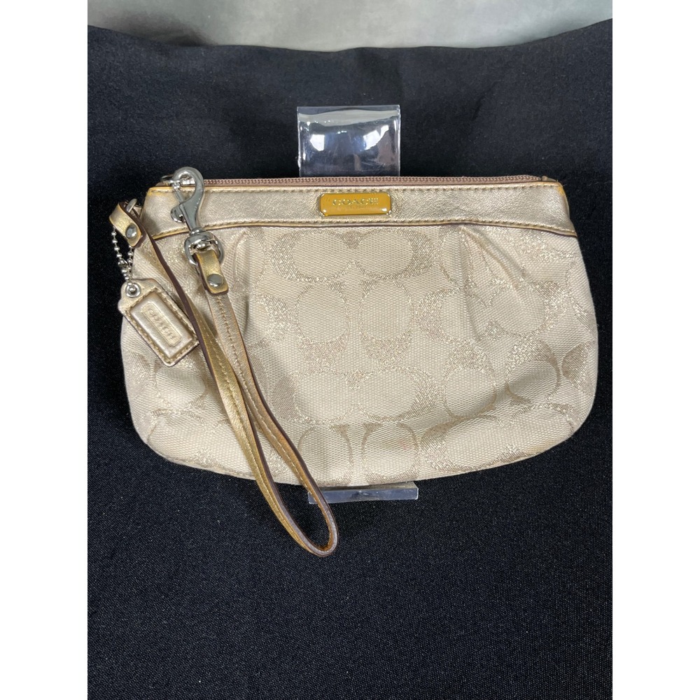 Coach Gold Signature Jacquard Metallic Leather Wristlet Pouch Bag